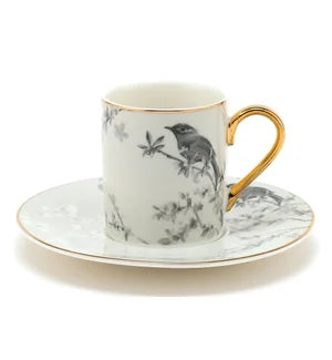 Coffee Cup Set 12pc Bird Design Gold Handle And Rim 12Pcs